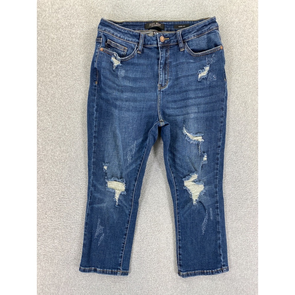 Judy Blue‎ Women's 9/29 Medium Wash Stretch Skinny Fit Distressed Capri Jeans